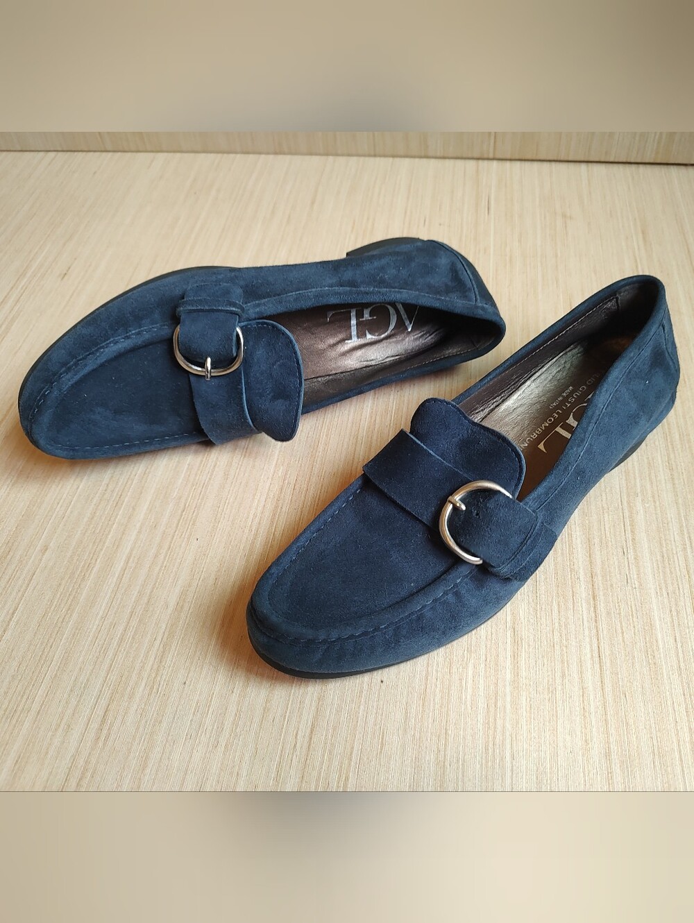 Attilio Giusti Leombruni AGL Suede Loafers Moccasins Flats Blue Buckle Silver 40